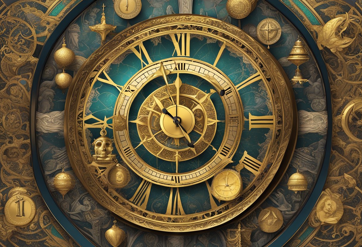 A golden clock striking 12, surrounded by ancient religious symbols and imagery