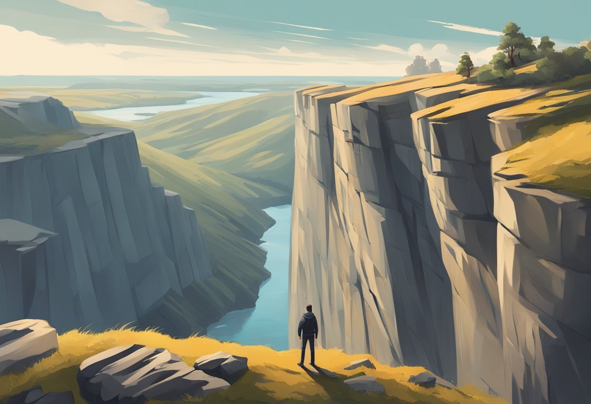 A figure standing at the edge of a cliff, gazing out at a vast and unknown landscape with determination and courage