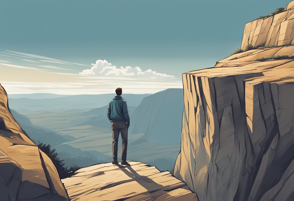 A figure standing at the edge of a cliff, looking out at a vast and daunting landscape, with a sense of determination and courage in their posture