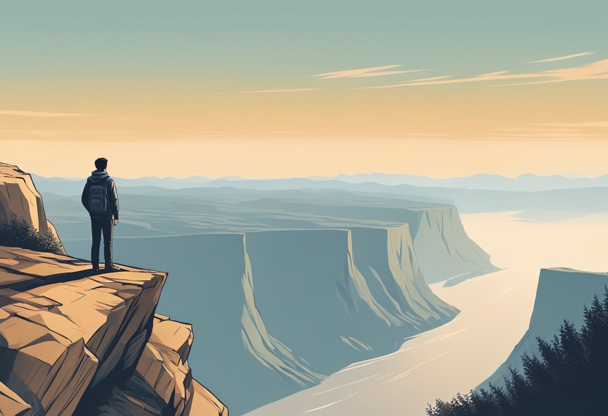 A person standing at the edge of a cliff, looking out at a vast and unknown landscape, with a sense of determination and courage in their expression