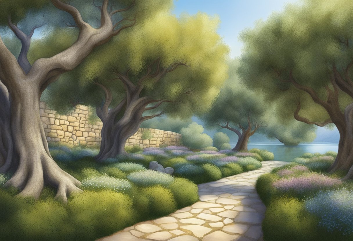 A serene garden with ancient olive trees, stone walls, and a glistening lake, reminiscent of the biblical Garden of Gethsemane