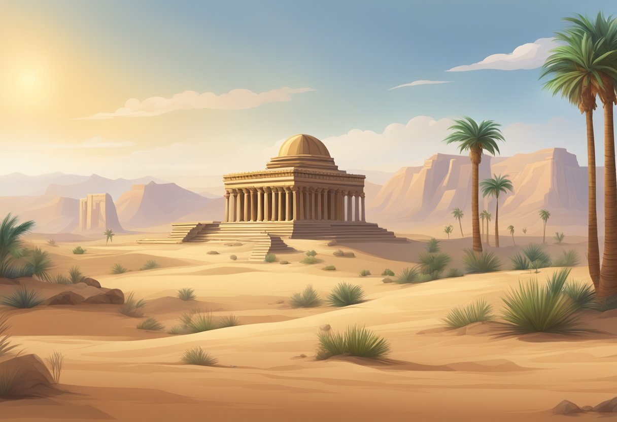 A desert landscape with ancient ruins, palm trees, and a distant temple