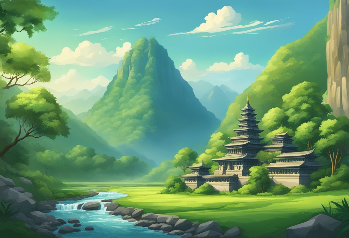 A ancient stone temple nestled in a lush green valley, with a flowing river and towering mountains in the background