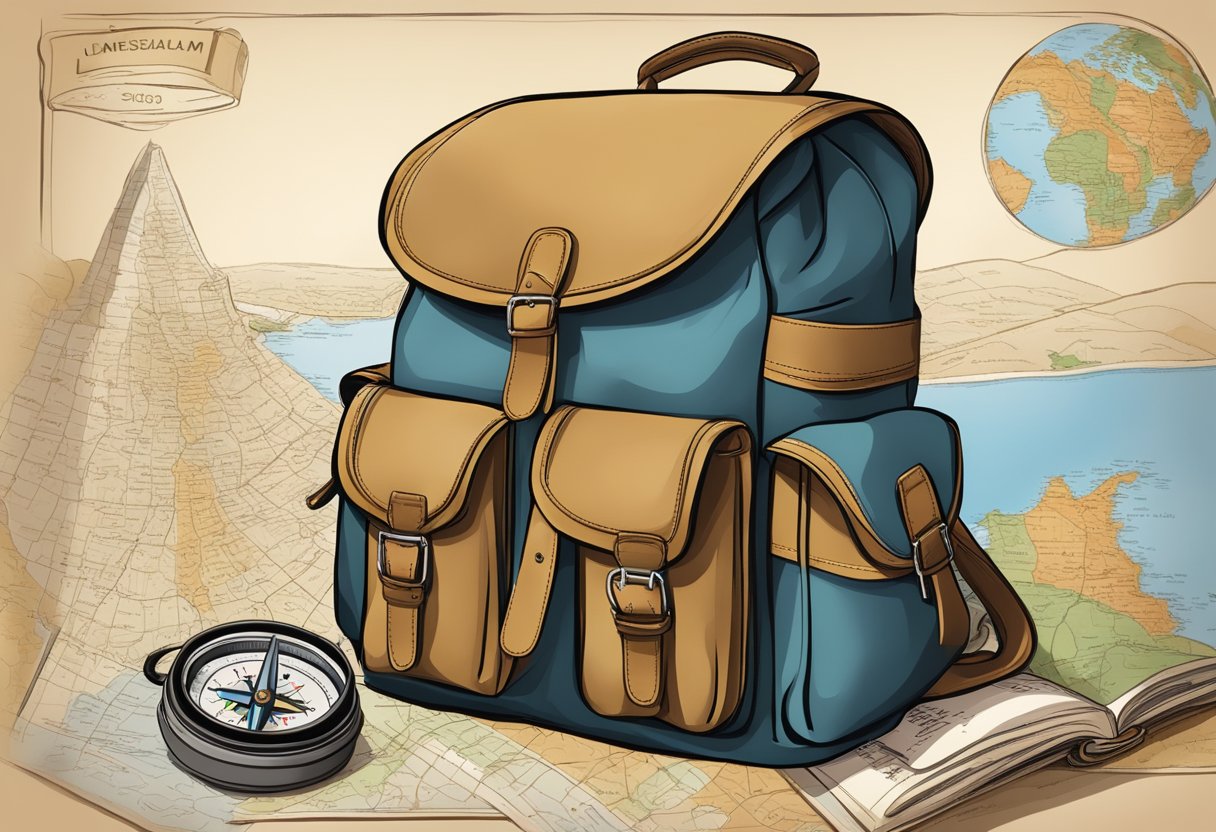 A traveler's backpack with a compass, map, and guidebook open to pages featuring biblical landmarks like Jerusalem, Bethlehem, and the Sea of Galilee