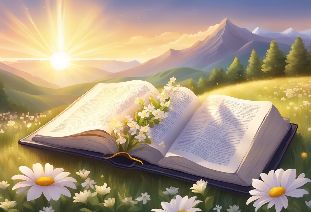 A radiant beam of light shining down onto an open Bible, surrounded by blooming flowers and a peaceful landscape