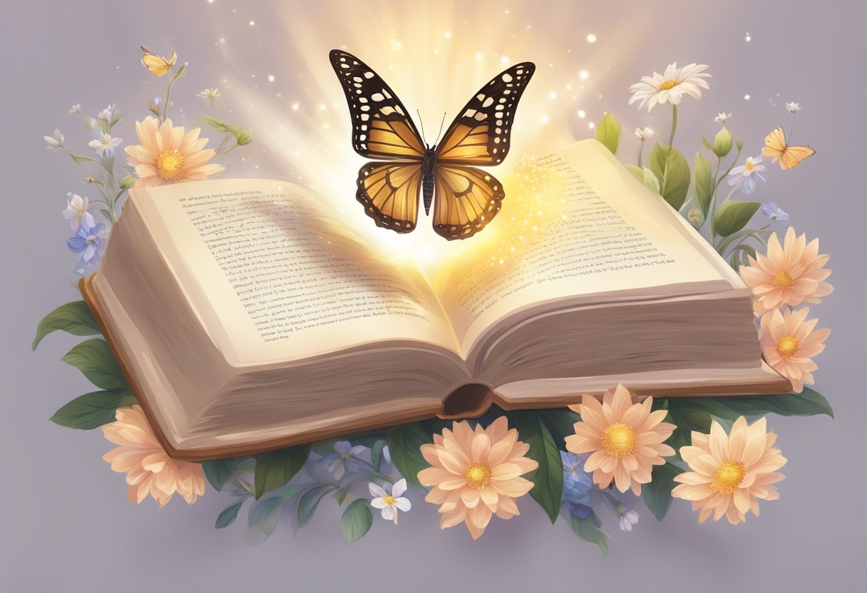 A radiant beam of light shining down onto an open book, surrounded by blooming flowers and a butterfly emerging from a cocoon