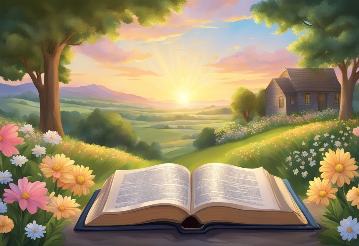 A radiant sunrise over a tranquil countryside, with a Bible open to powerful New Testament verses, surrounded by blooming flowers and lush greenery