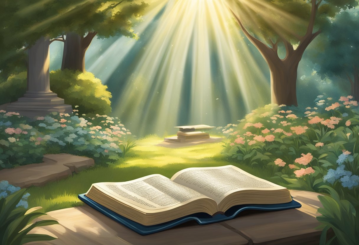 A serene garden with rays of sunlight streaming through the trees, illuminating a well-worn Bible open to powerful verses