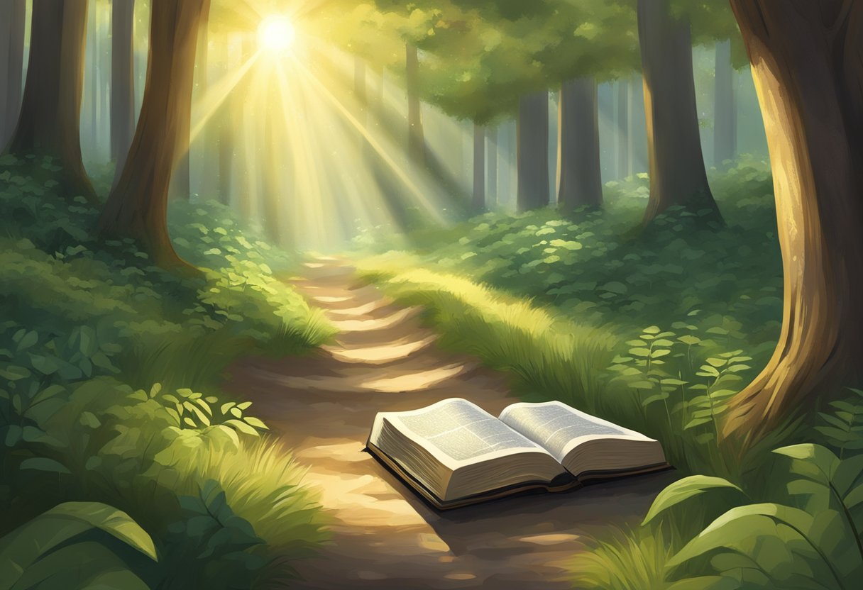 A serene path winding through a lush forest, with rays of sunlight breaking through the trees, illuminating a Bible open to powerful verses