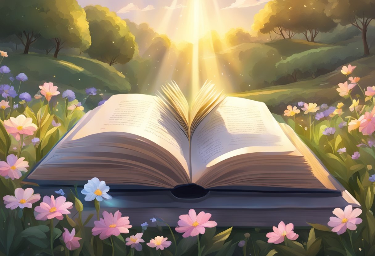 A radiant beam of light shining down onto an open book, surrounded by blooming flowers and a tranquil landscape