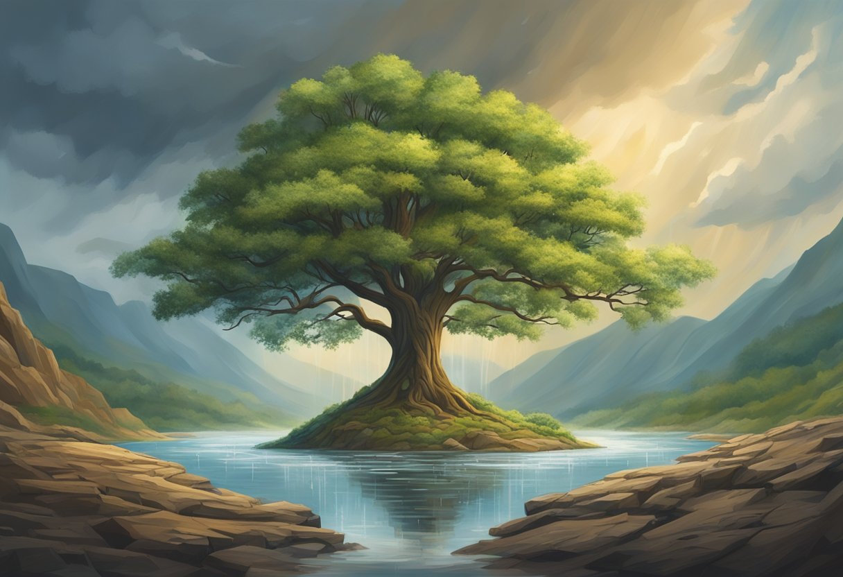 A lone tree stands on a mountain, surrounded by 40 days of rain and floodwaters, symbolizing transformation and renewal in the biblical story of Noah's Ark