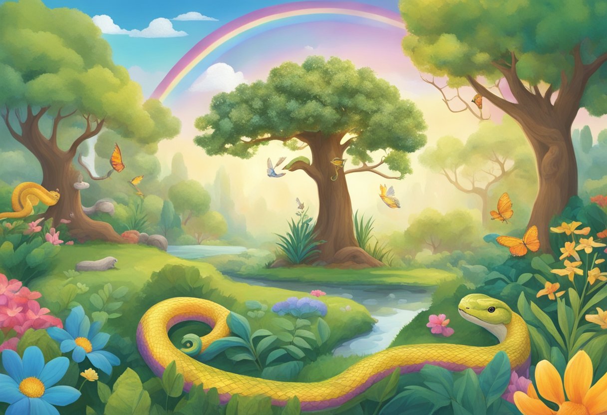 A serene garden with a snake wrapped around a tree, a rainbow in the sky, and animals peacefully coexisting