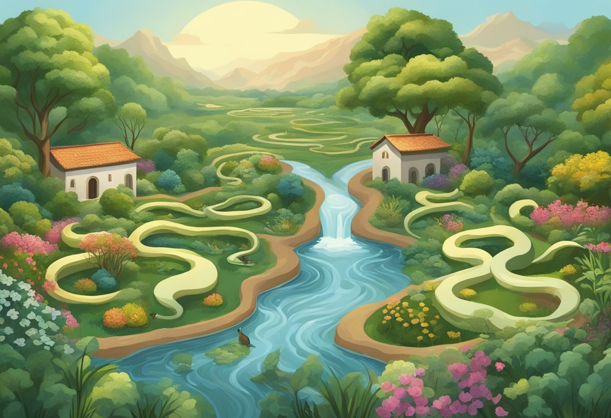 A serene garden with a snake and forbidden fruit, a shepherd tending to his flock, a majestic flood engulfing the earth