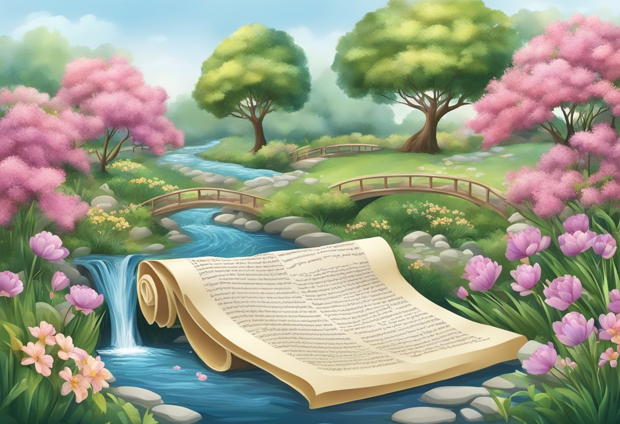 A serene garden with blooming flowers and a flowing stream, with a scroll open to reveal the Hebrew and Greek words for love