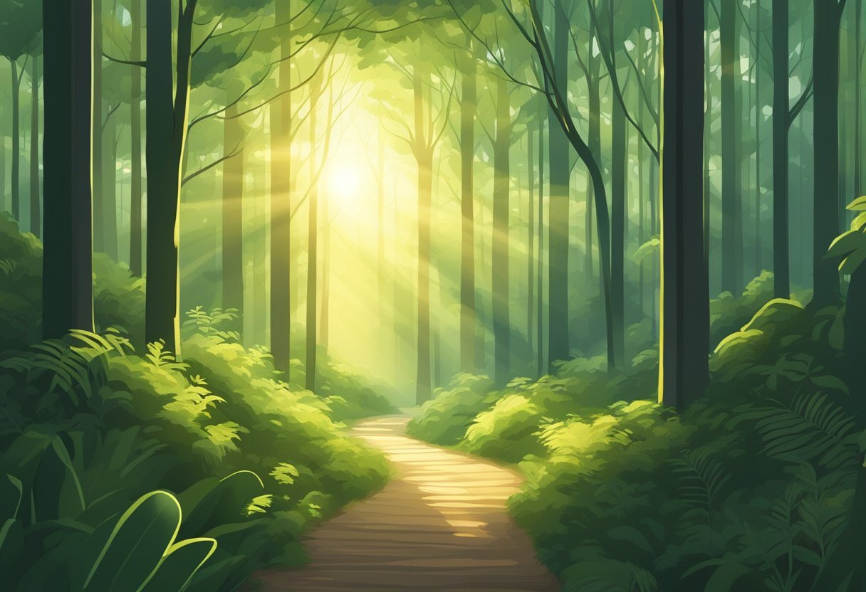 A glowing path leading through a dense forest, with sunlight breaking through the trees and illuminating the way forward