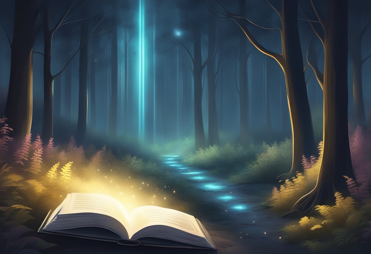 A glowing path winds through a dark forest, illuminated by a beam of light from above, leading to a radiant, open book surrounded by ethereal mist