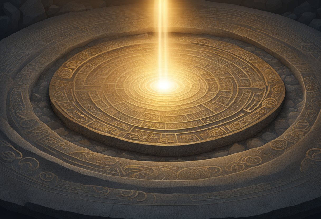 A beam of light shines through a dark, swirling void, illuminating ancient symbols etched into stone tablets