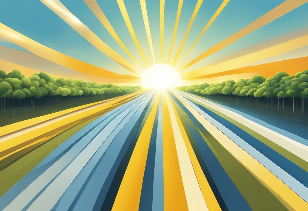 A radiant sun shining down on a landscape split between light and shadow