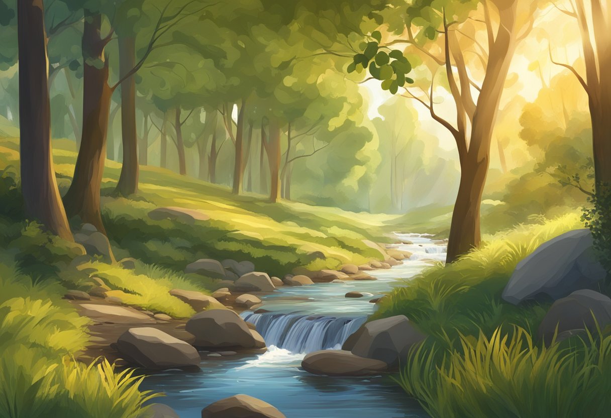 A serene landscape with a gentle stream flowing through a peaceful forest, bathed in warm sunlight