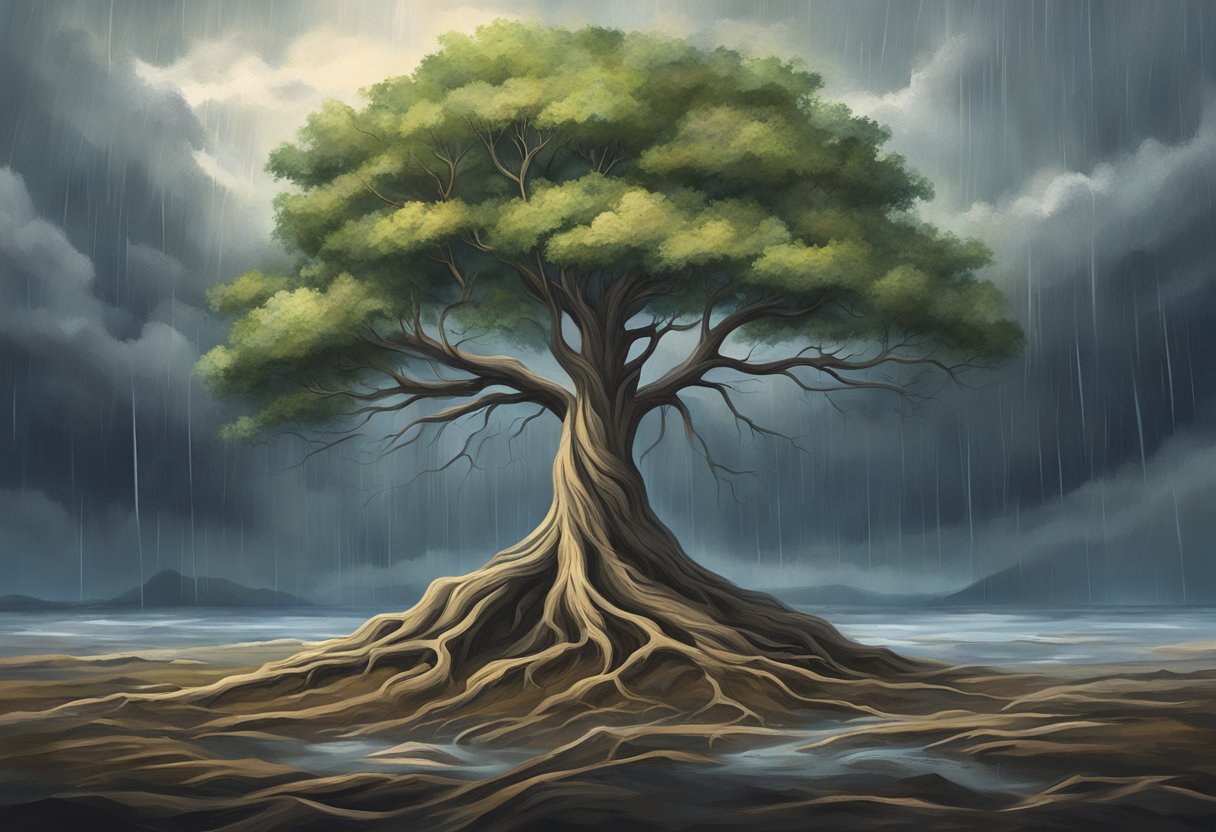 A lone tree stands tall amidst a storm, its roots firmly anchored in the ground as the wind and rain rage around it, symbolizing strength and refuge