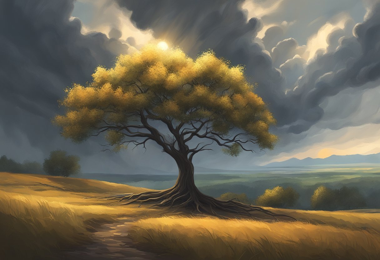 A lone tree stands tall in a storm, its branches bending but not breaking. The sun breaks through the clouds, casting a warm glow over the scene