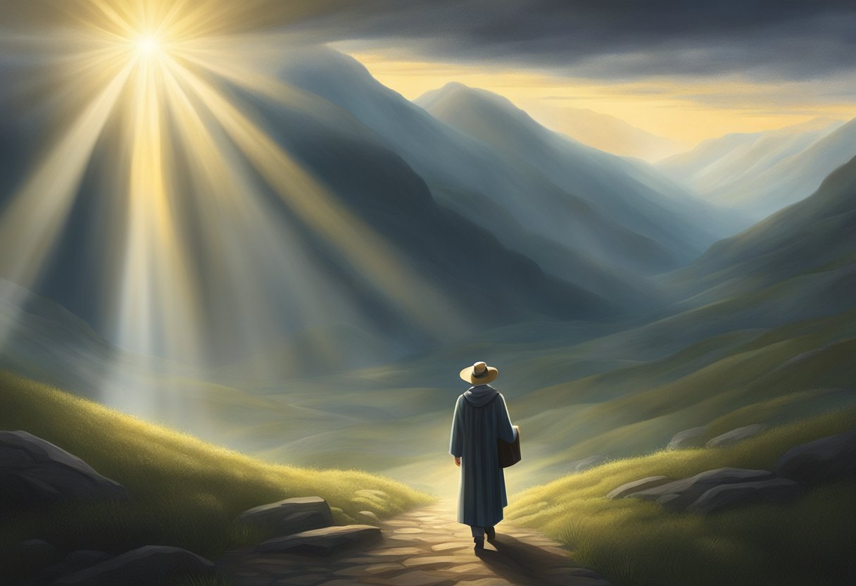 A figure walking through a dark valley, with rays of light breaking through the clouds, surrounded by comforting scriptures