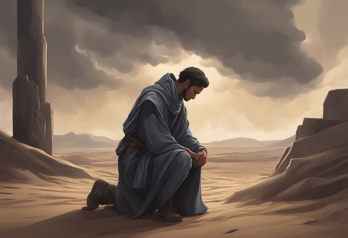 A figure kneeling in a barren desert, surrounded by dark storm clouds and broken pillars