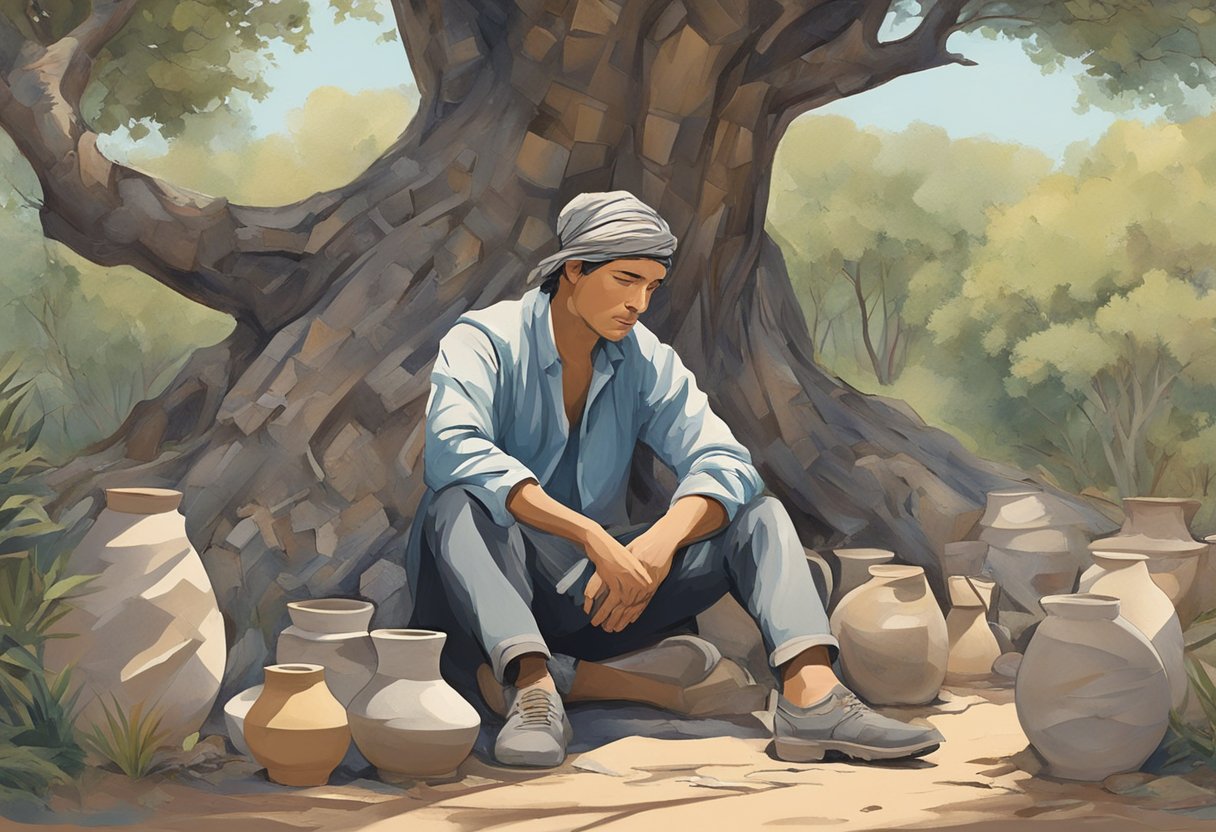 A figure sitting under a tree, surrounded by broken pottery and with a look of contemplation on their face