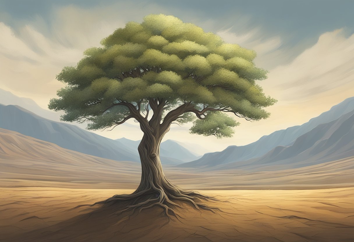 A lone tree stands resilient in a barren landscape, symbolizing the enduring legacy of The Book of Job's life lessons