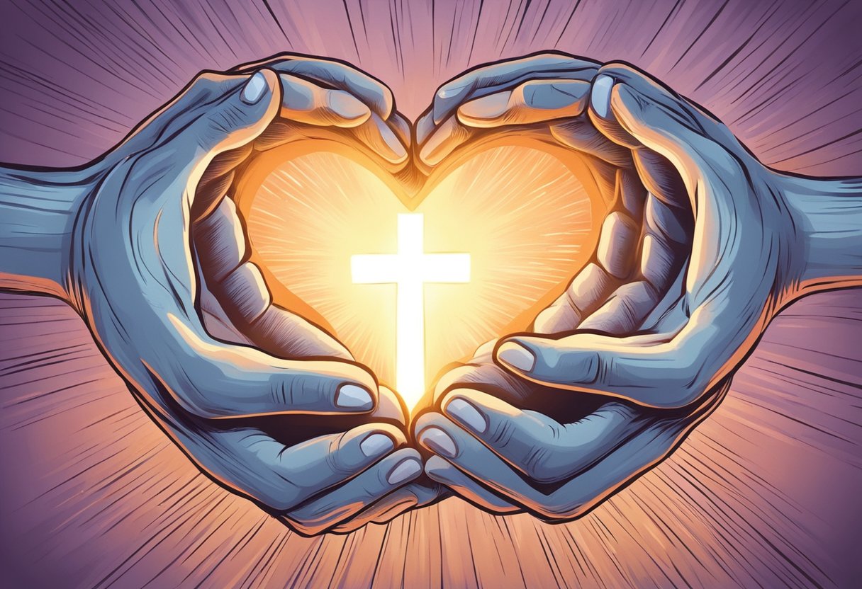 A glowing heart surrounded by open hands, symbolizing Christian love and compassion