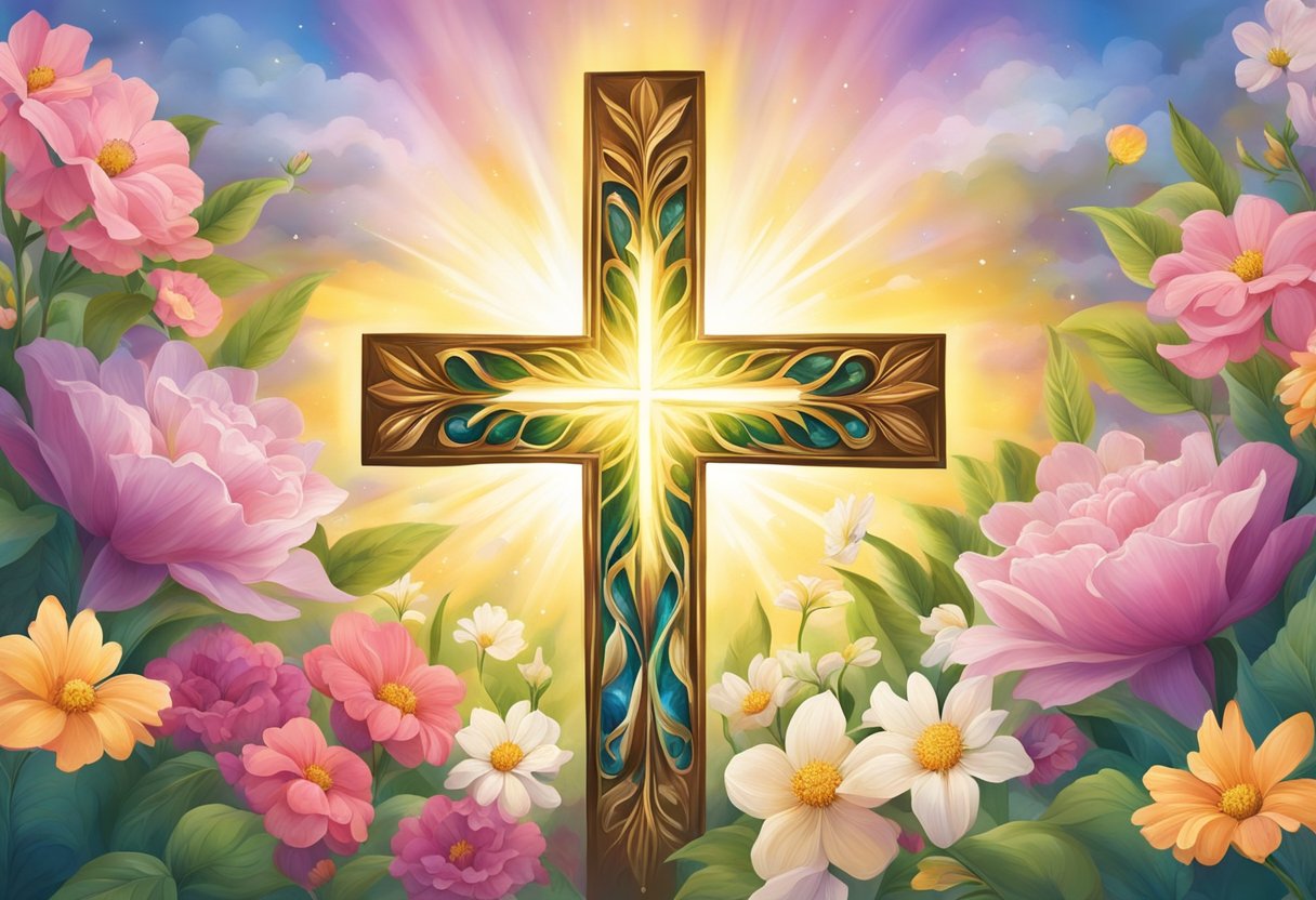 A radiant cross surrounded by blooming flowers, symbolizing the transformative power of love in Christian life