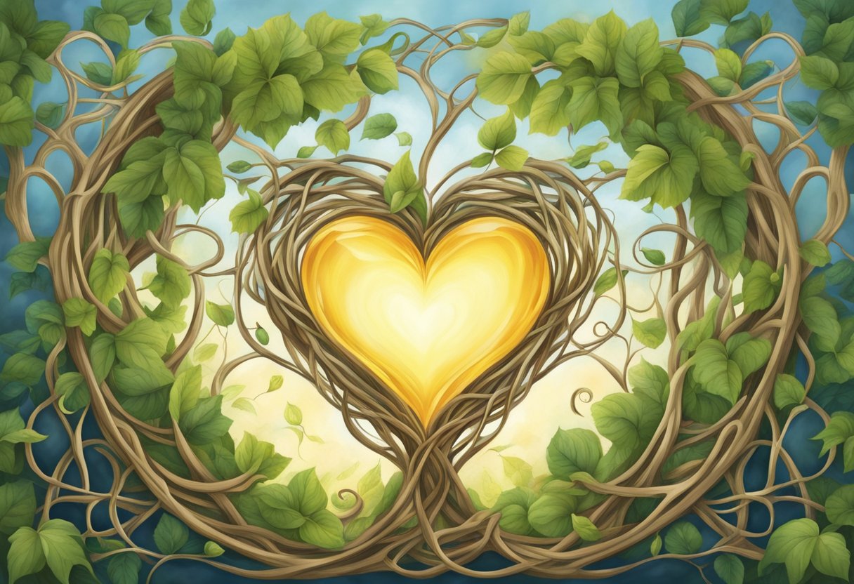 A radiant heart surrounded by intertwining vines, symbolizing the enduring and nurturing nature of Christian love