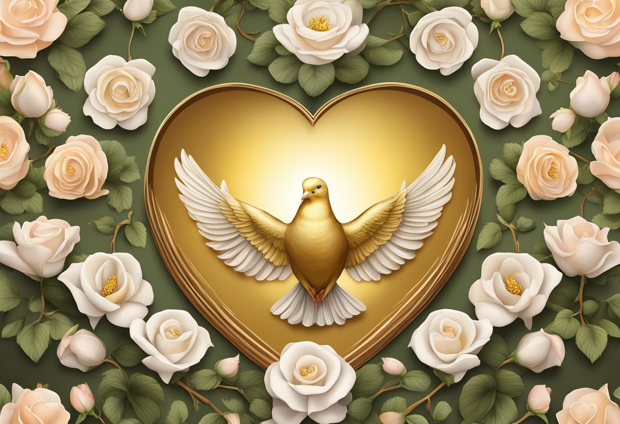 A radiant, golden heart surrounded by blooming roses and a dove, symbolizing the purity and strength of true love found in Bible stories