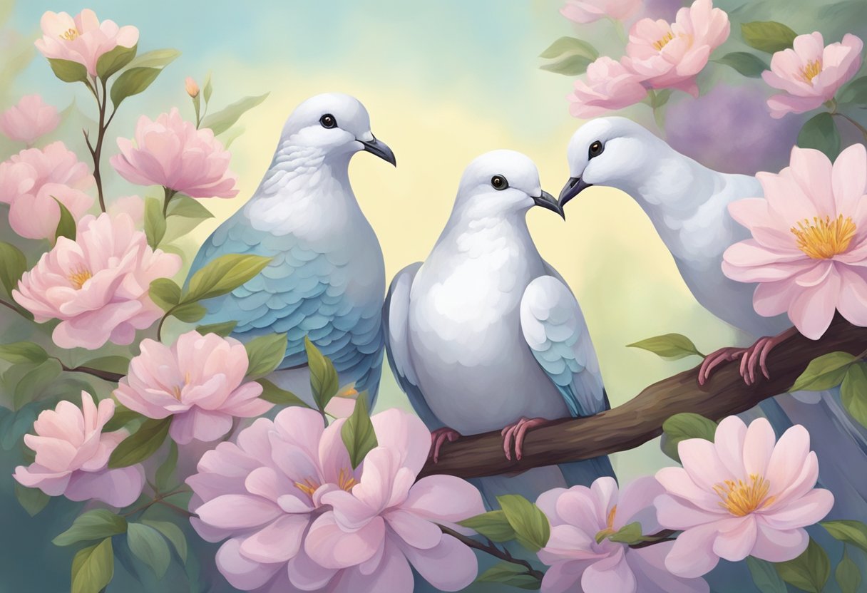 A serene garden with blooming flowers and two doves perched on a branch, their beaks touching in a tender embrace