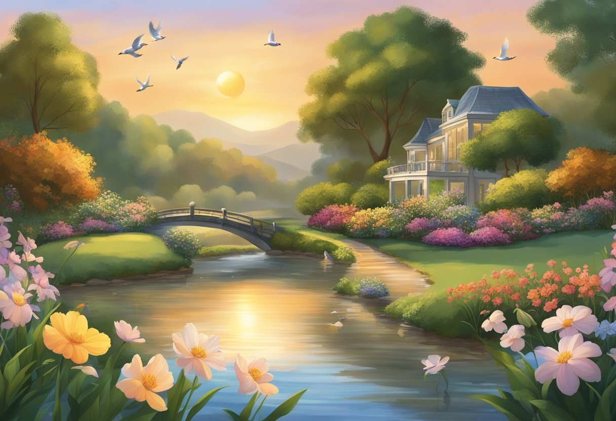 A serene garden with blooming flowers and birds singing, a gentle stream flowing through, and a warm sunset casting a golden glow