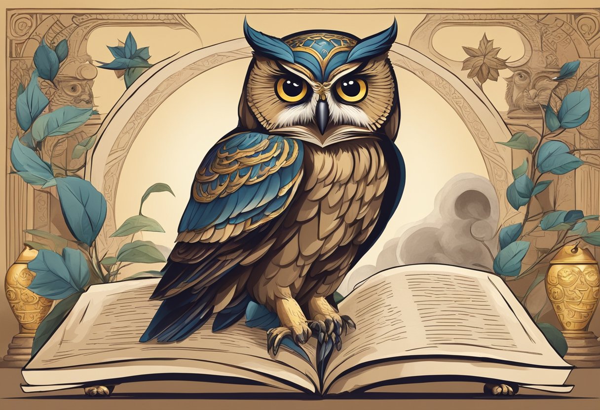 A wise owl perched on an ancient scroll, surrounded by symbols of wisdom and knowledge