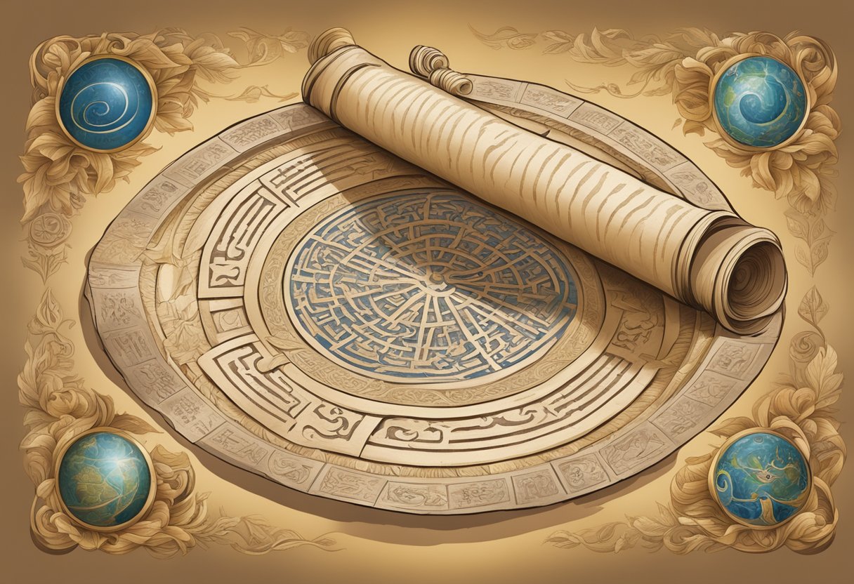 An ancient scroll unfurling, revealing intricate proverbs etched in stone, surrounded by symbols of wisdom and knowledge