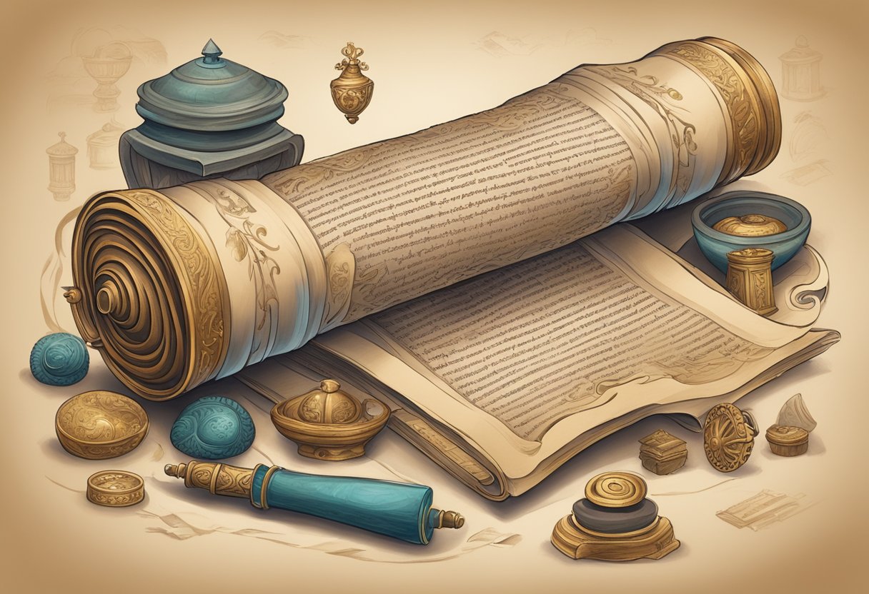 A dusty scroll unfurls, revealing ancient proverbs etched in elegant calligraphy, surrounded by artifacts from different historical periods