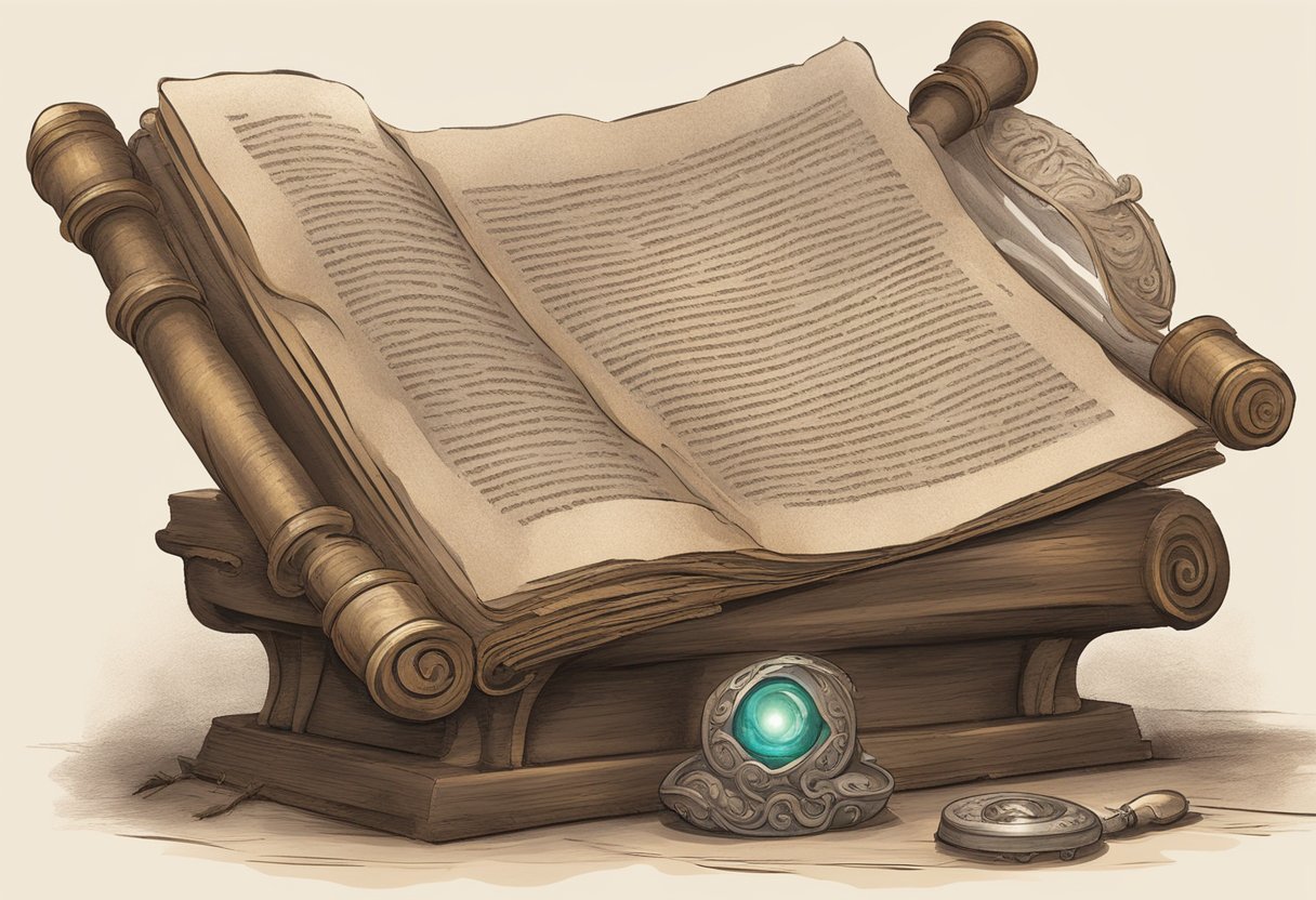 A weathered scroll lies open on a stone pedestal, surrounded by flickering candlelight and ancient artifacts