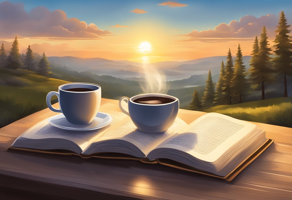 Sunrise over a serene landscape with a Bible open to inspiring verses, a warm cup of coffee, and a sense of peace and tranquility