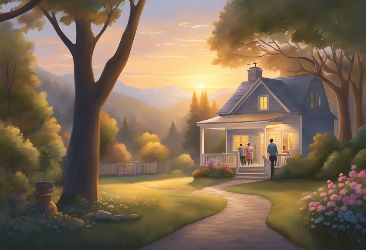 A serene morning scene with a sunrise, a cozy home, and a family gathered for prayer