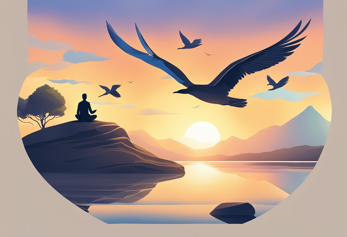 Sunrise over calm water, birds flying, a figure meditating on a hill, surrounded by nature and a sense of peace