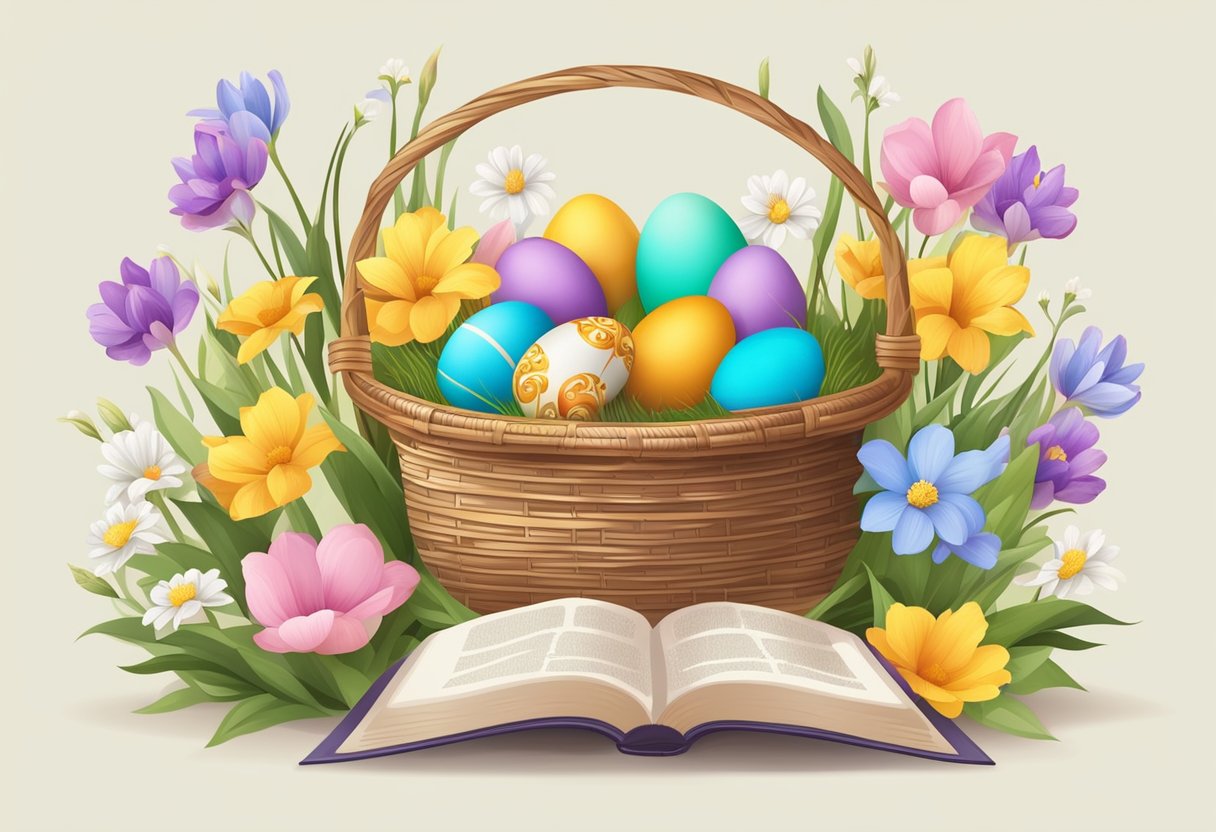 A colorful Easter basket filled with eggs, a cross, and a bible surrounded by spring flowers and symbols of faith