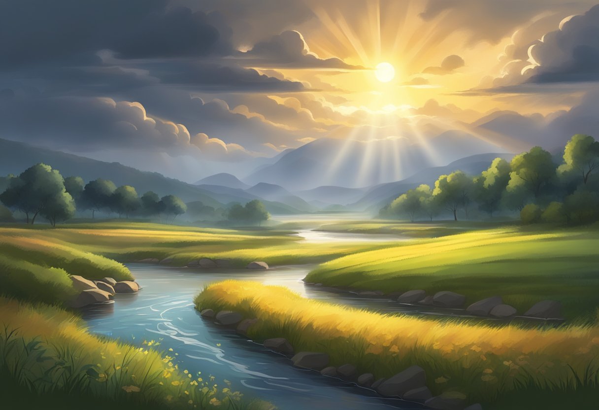 A serene landscape with a glowing sunrise breaking through dark storm clouds, casting a warm light over a peaceful meadow and a flowing river