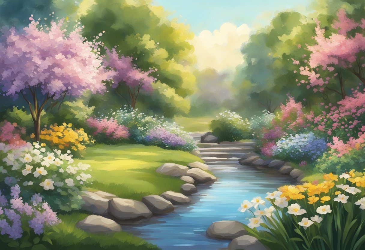 A serene, sunlit garden with blooming flowers and a gentle stream, evoking peace and hope