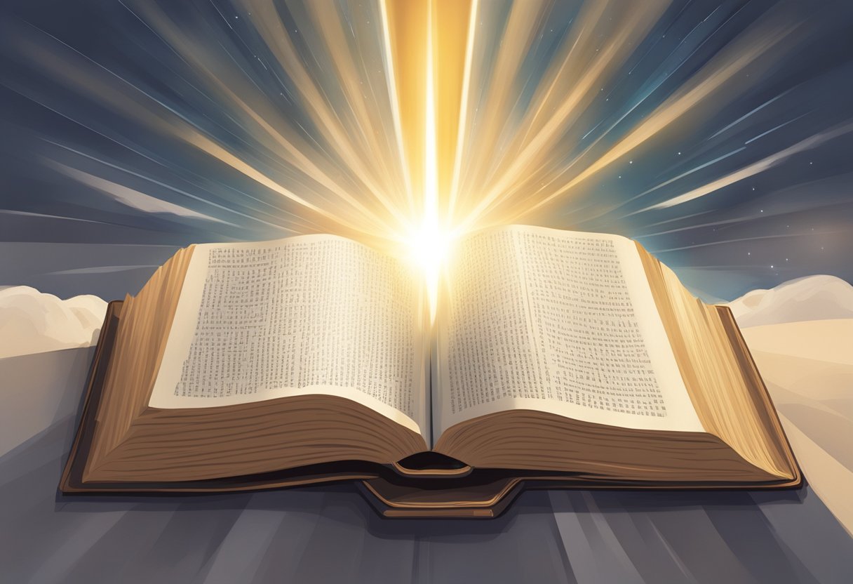 A beam of light shines down onto an open Bible, with nine specific passages highlighted, surrounded by a sense of peace and clarity