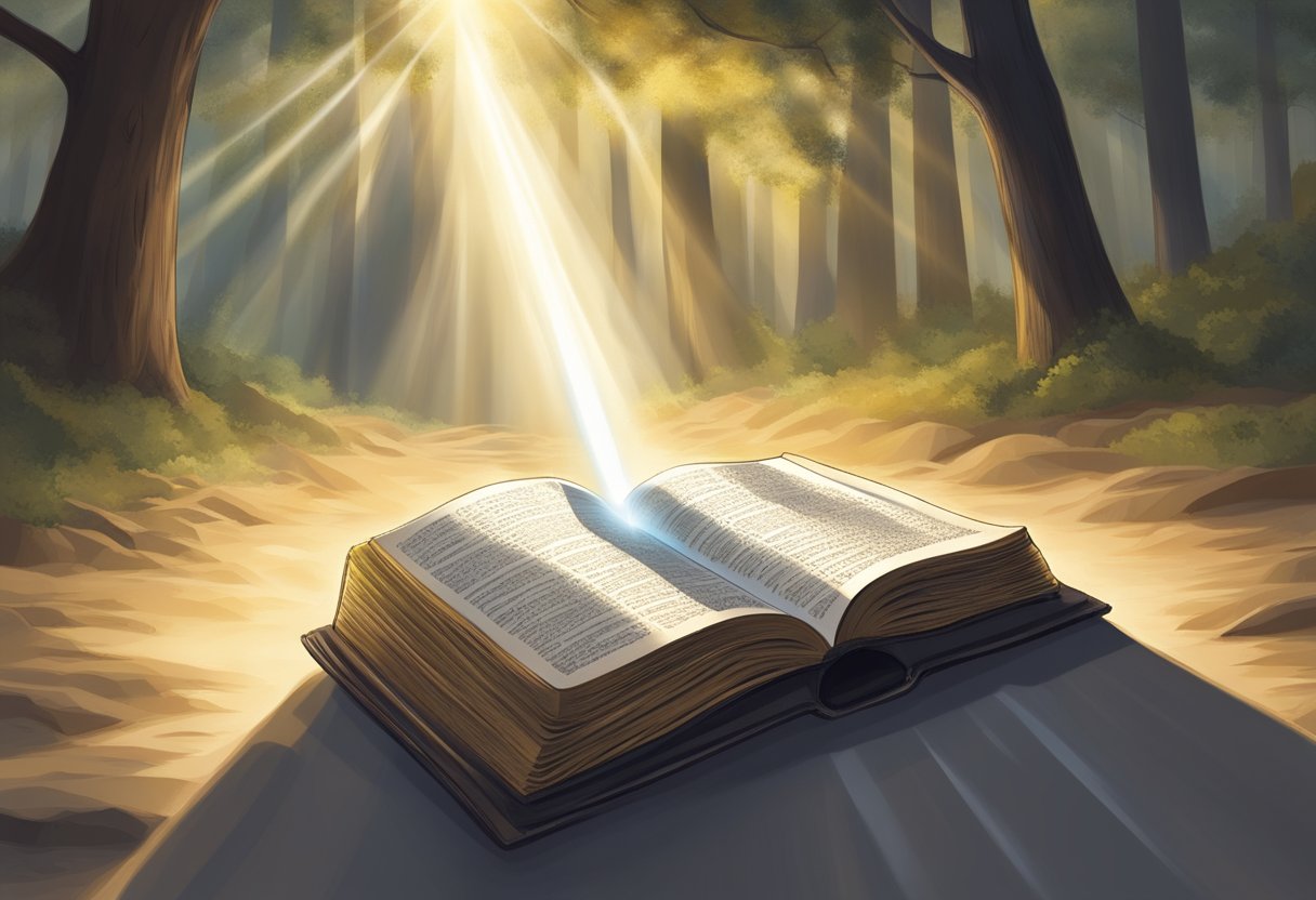 A beam of light shining down on a path, surrounded by open pages of a Bible, with a sense of clarity and purpose emanating from the scene