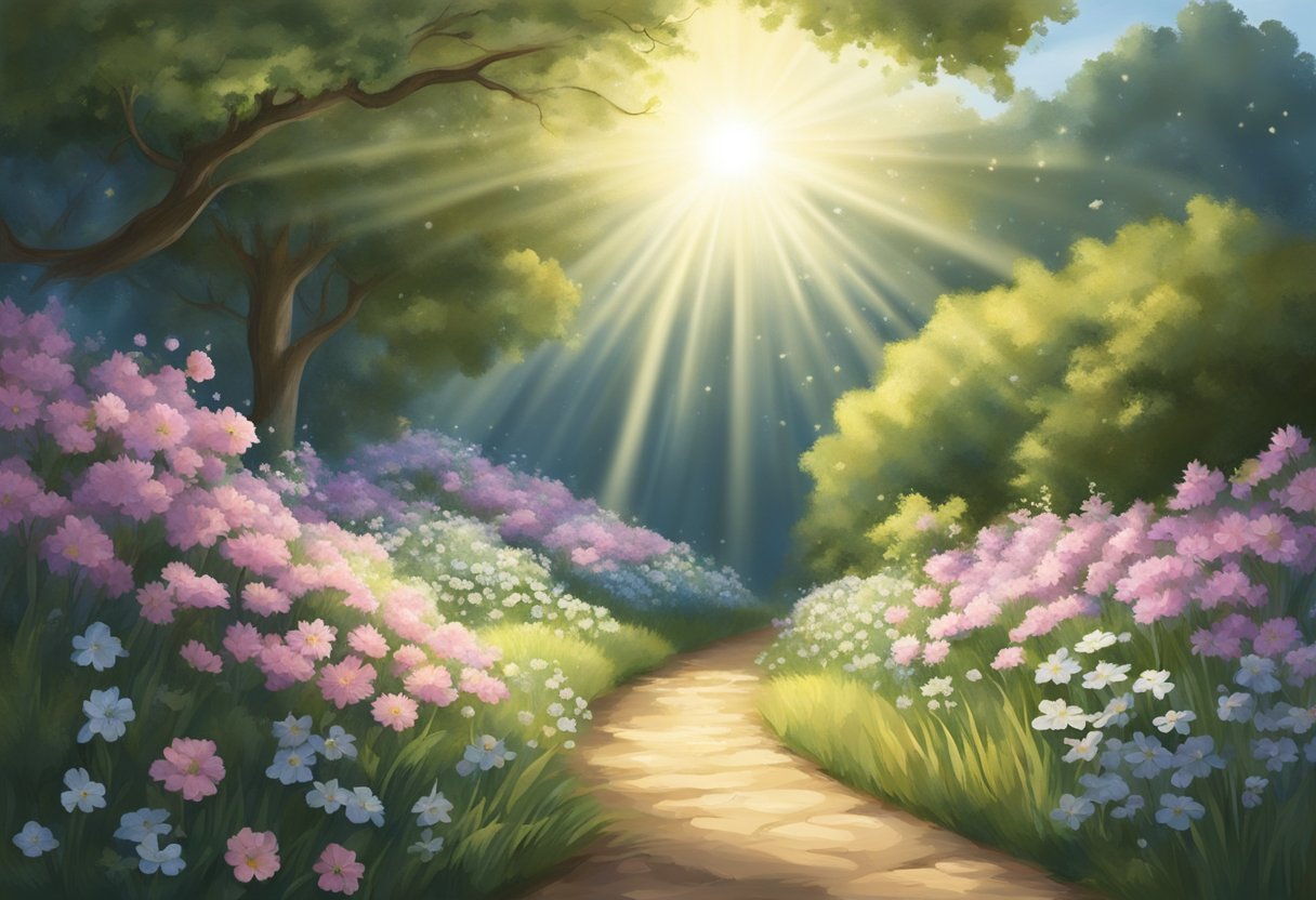 A beam of light shining down onto a path, with blooming flowers and a clear sky overhead, representing guidance and purpose