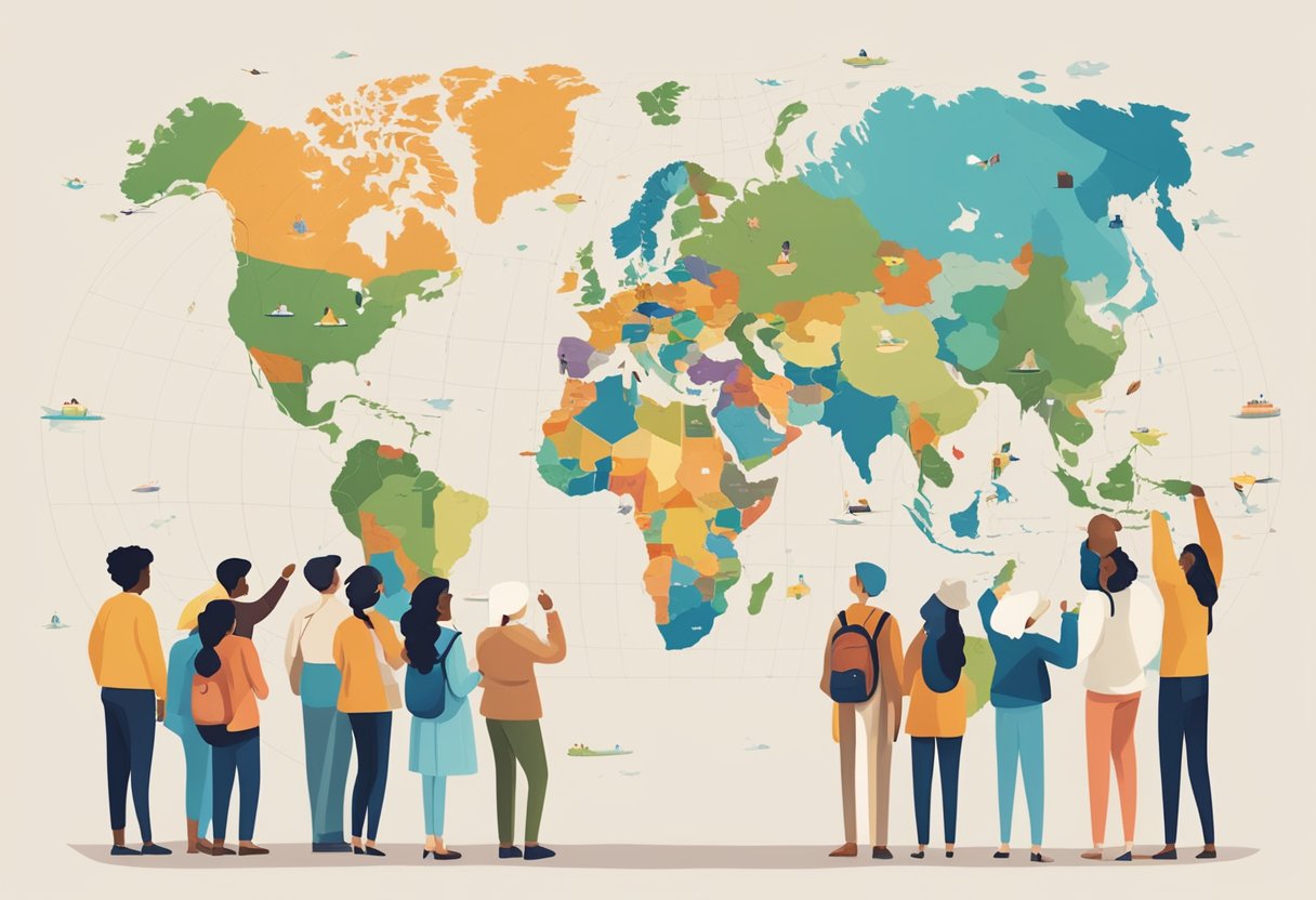 A group of people of various ages and ethnicities are gathered around a world map, pointing to different countries with a sense of purpose and determination