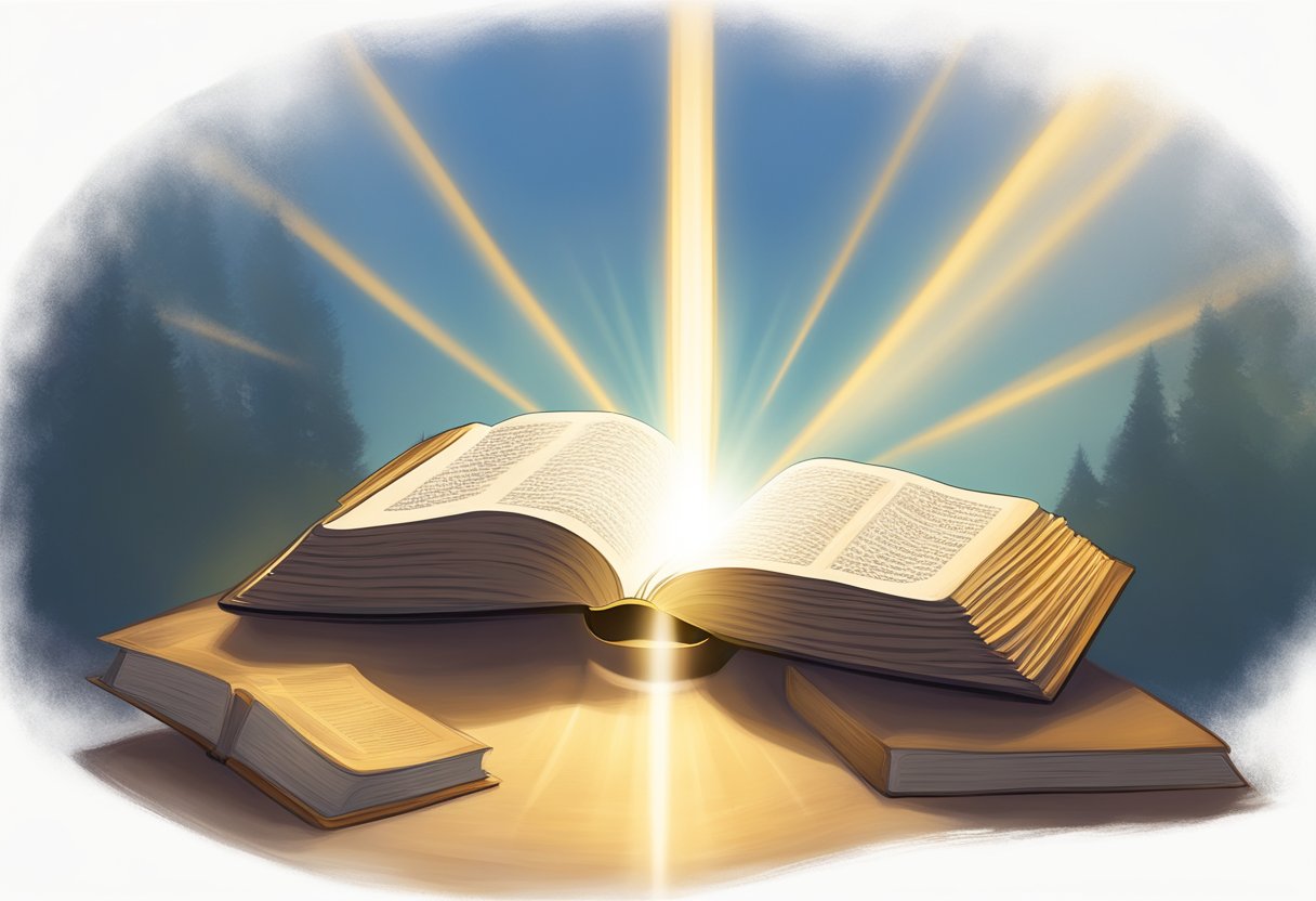 A beam of light shines down onto an open Bible, surrounded by a halo of warmth and tranquility